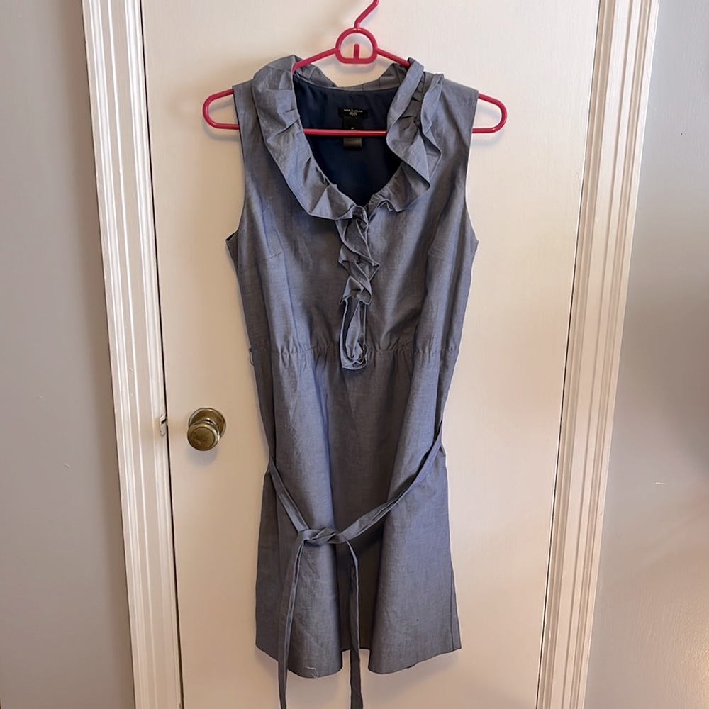 ANN TAYLOR Womens Sleeveless Chambray Dress Peter Pan Collar Ruffle Sz 8P